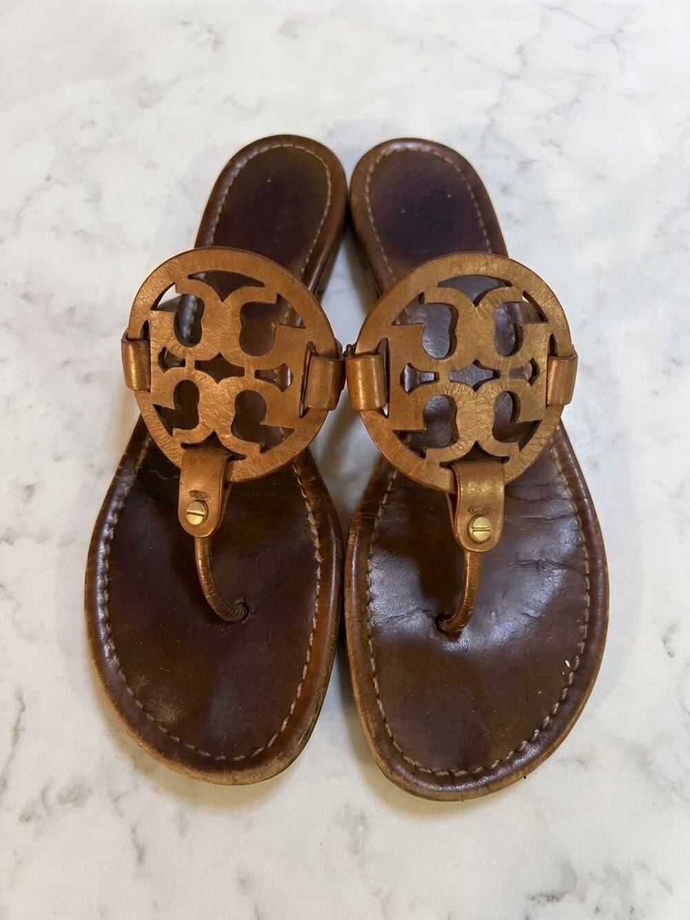 Tory Burch Womens Leather Miller Slip-On Thong Flat Sandals Brown Size 8